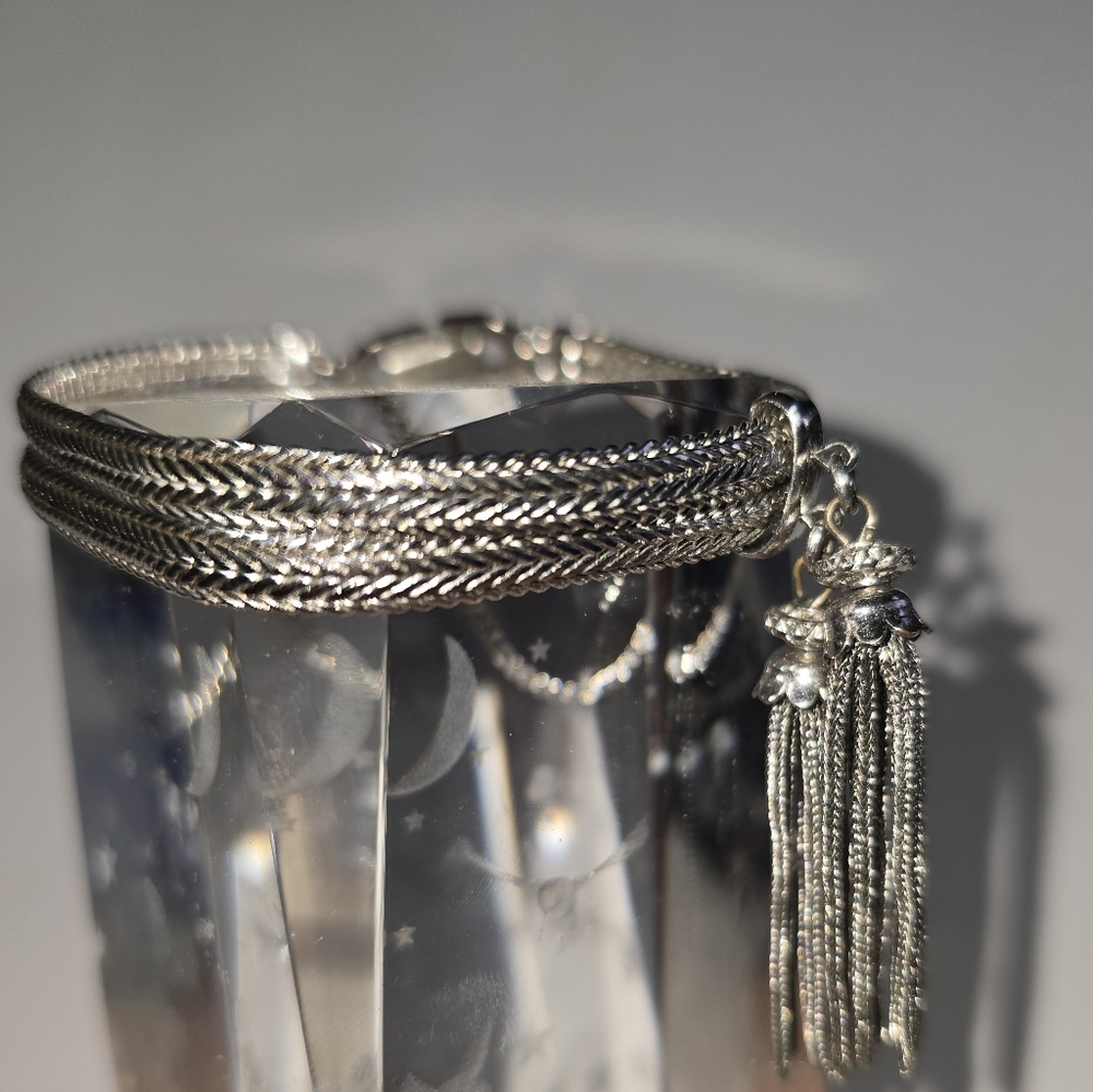 Monet Silver Two Chain, Two Tassel Bracelet With Safety Chain!
